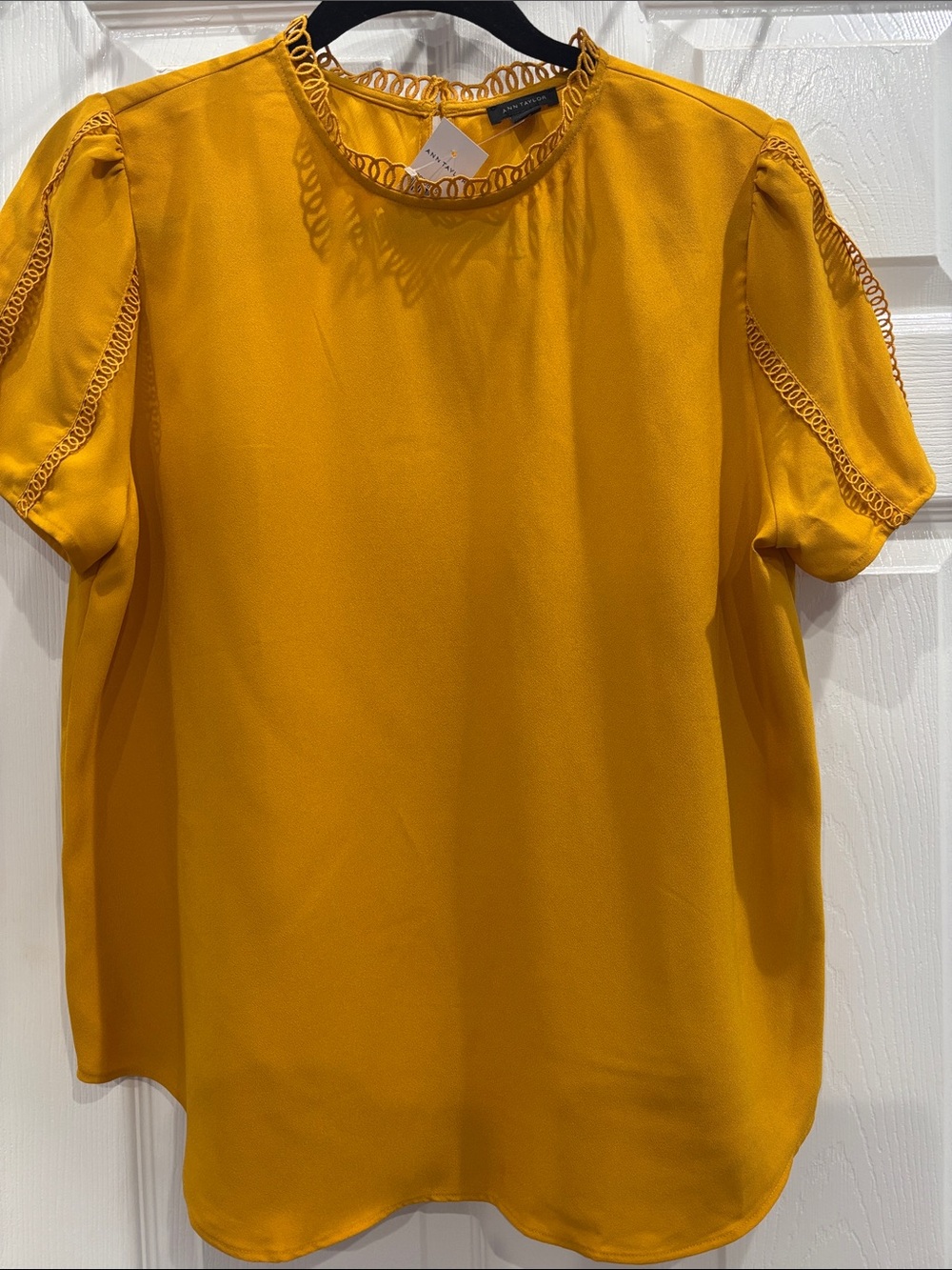 Ann Taylor Mustard Yellow Short-Sleeve Blouse with Loop Trim